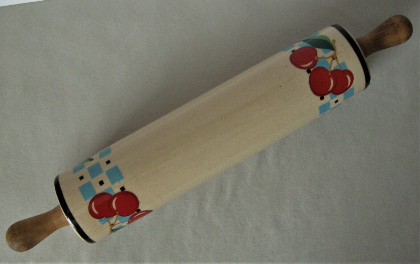 Vintage Ceramic Rolling Pin w/Wood Handles (Red Cherries Over Blue Checkerboard)