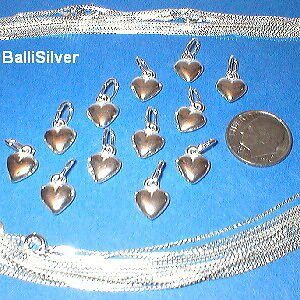 12 Sterling Silver Small Heart Charms + Box Chains Lot
