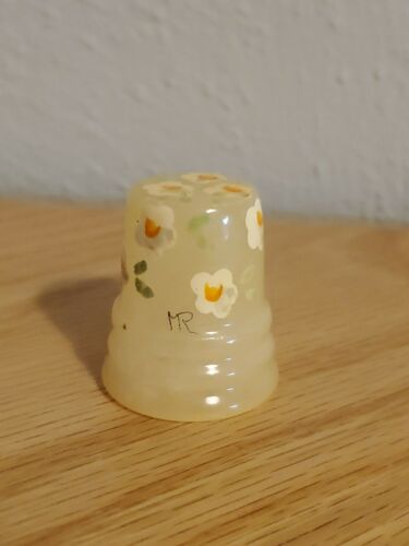 Vintage Italian Yellow Glass Marble, Hand Painted Pink Floral, Signed MR