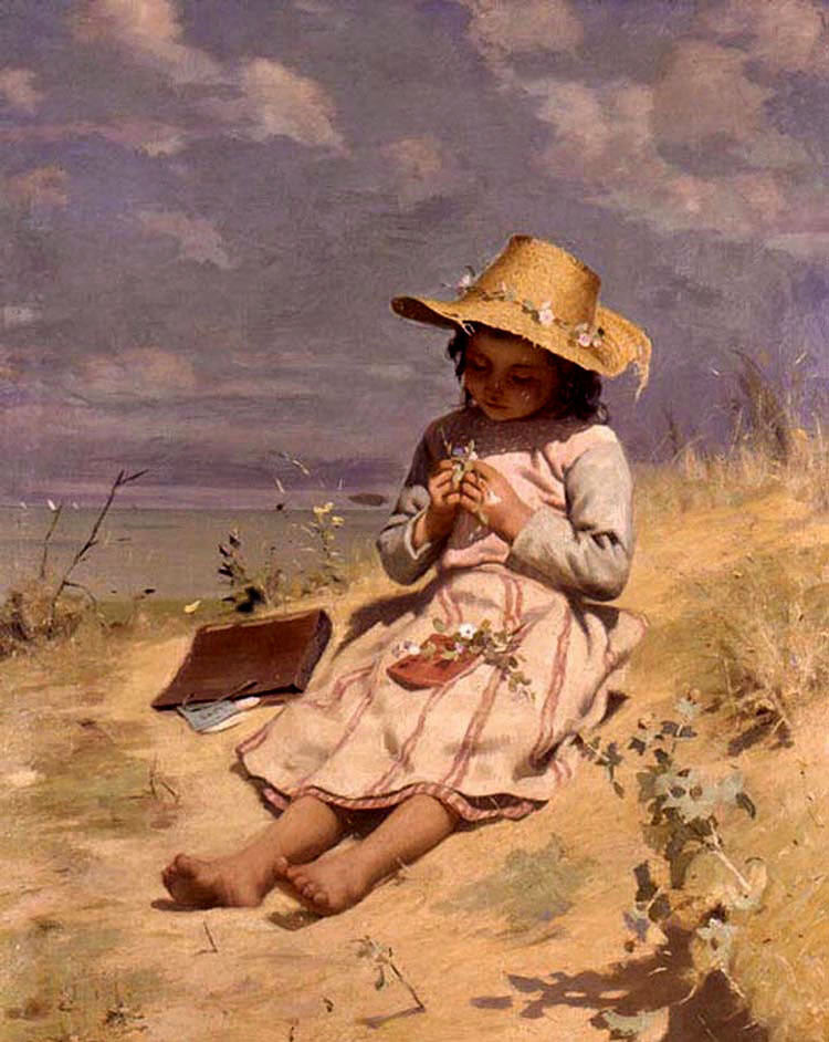 Oil painting paul peel - the young botanist little girl playing in field canvas